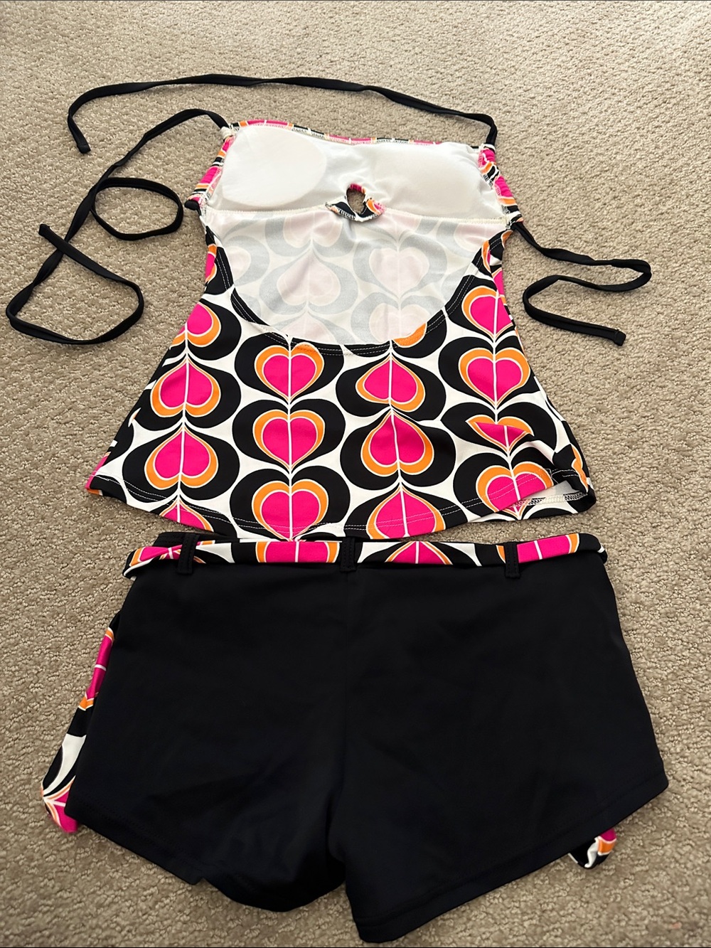 Malibu Pink, Black & White Retro Heart Tankini with Black Swim Shorts - Picture 2 of 3